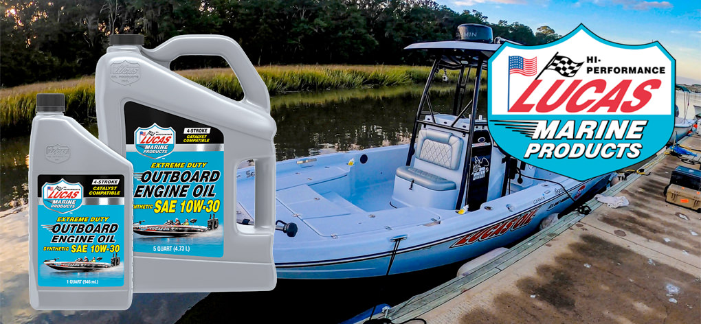 Bottles of Lucas Extreme-Duty Synthetic Outboard Engine Oil and Lucas Oil Marine logo overlaying a photo of a docked boat with a large Lucas Oil logo on its side.